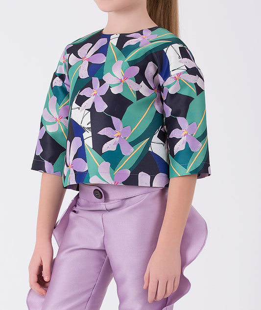Lila zambak desenli bluz ve fırfırlı lila pantolon