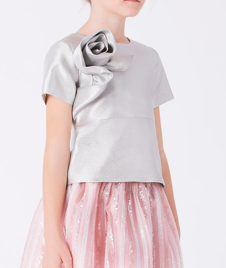 silver blouse with short sleeves and a 3D rose detail, paired with a playful pink striped glittery skirt
