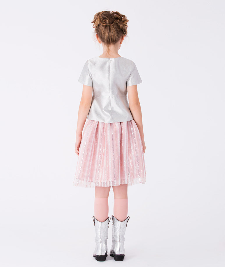 silver blouse with short sleeves and pink striped glittery skirt