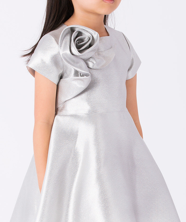 A-line silver dress with capped sleeves and a 3D rose on the side