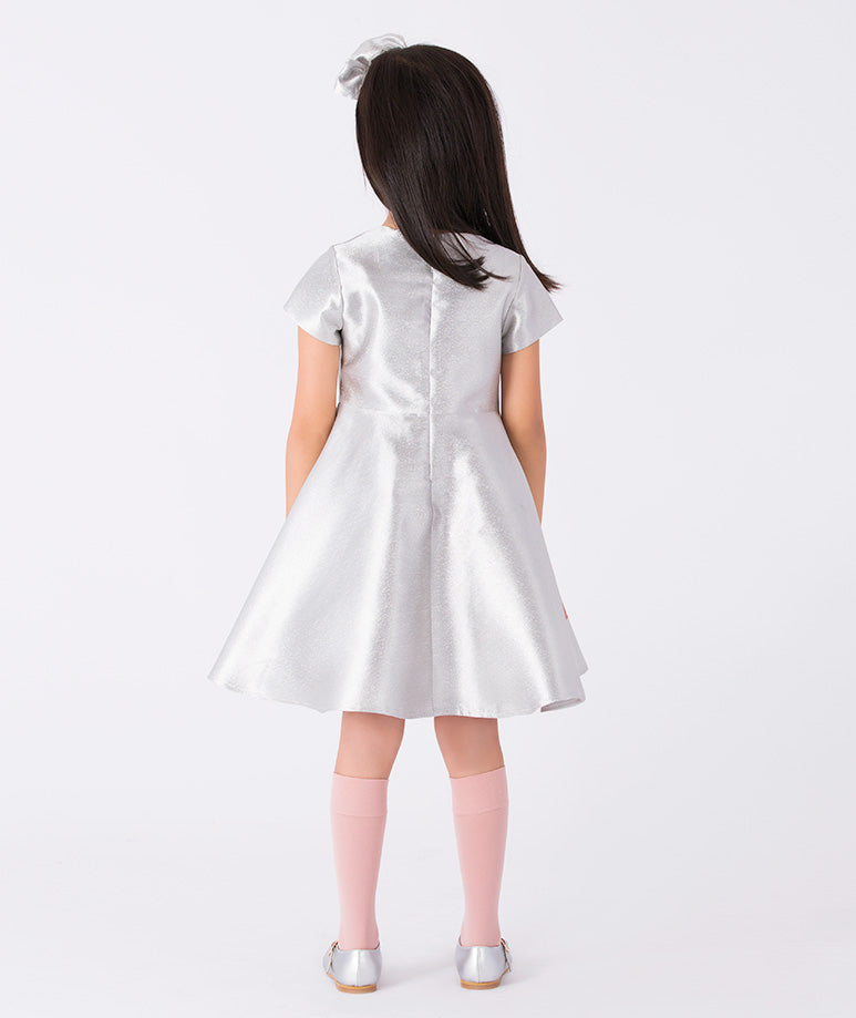 A sleek A-line silver dress