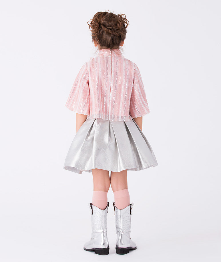 glittery striped pink blouse and a silver mini skirt
