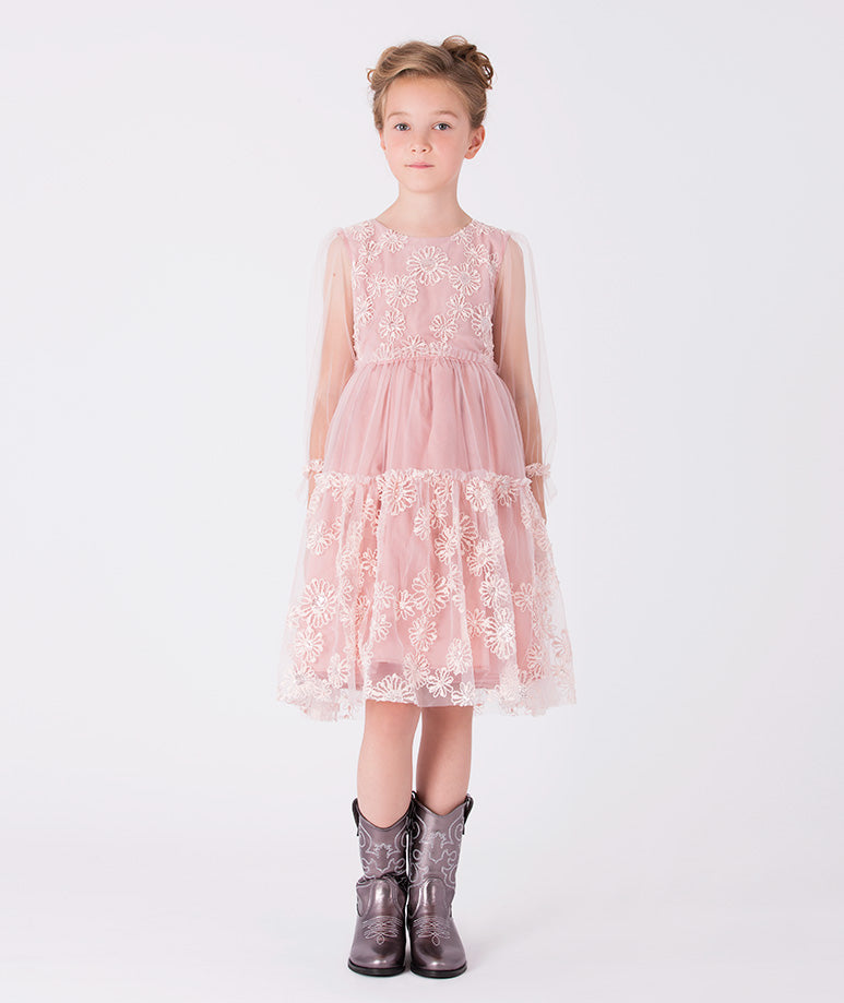 A romantic lace dress in soft rose, adorned with floral embroidery and layered ruffles
