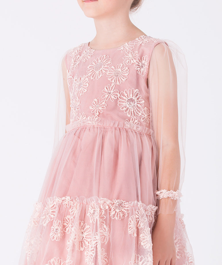 romantic lace dress in soft rose, adorned with floral embroidery and layered ruffles