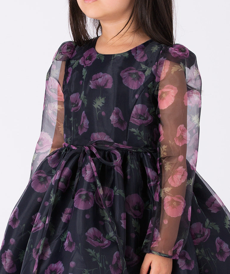 Floral-print dress with sheer organza sleeves, a layered skirt, and delicate ruffles