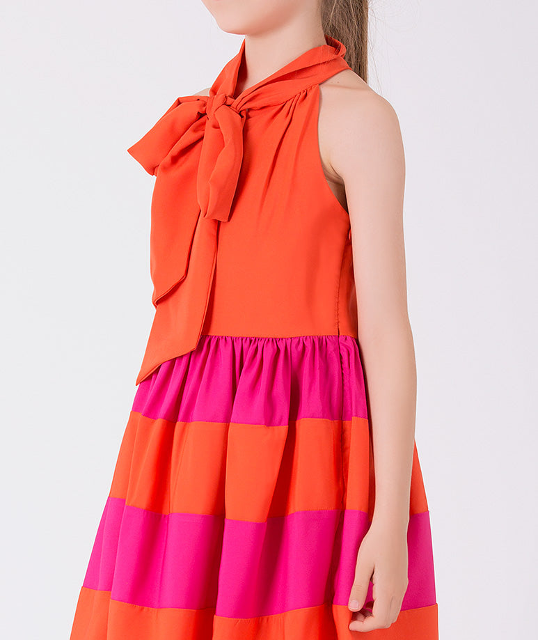 turuncu fuşya çizgili boynu fiyonklu rahat günlük yazlık elbise