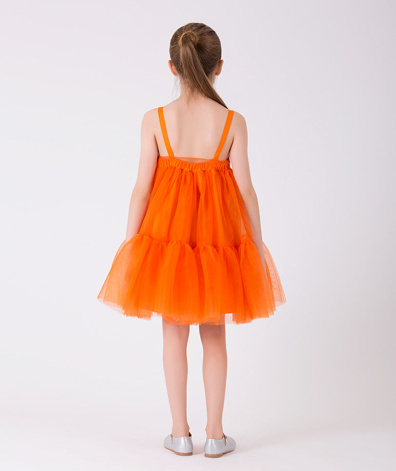 turuncu şifon askılı elbise
