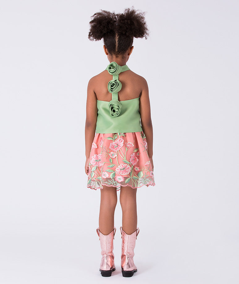 Çiçek Nakışlı Etek Yeşil Bluz Kız Çocuk Kombini | 2 Parça