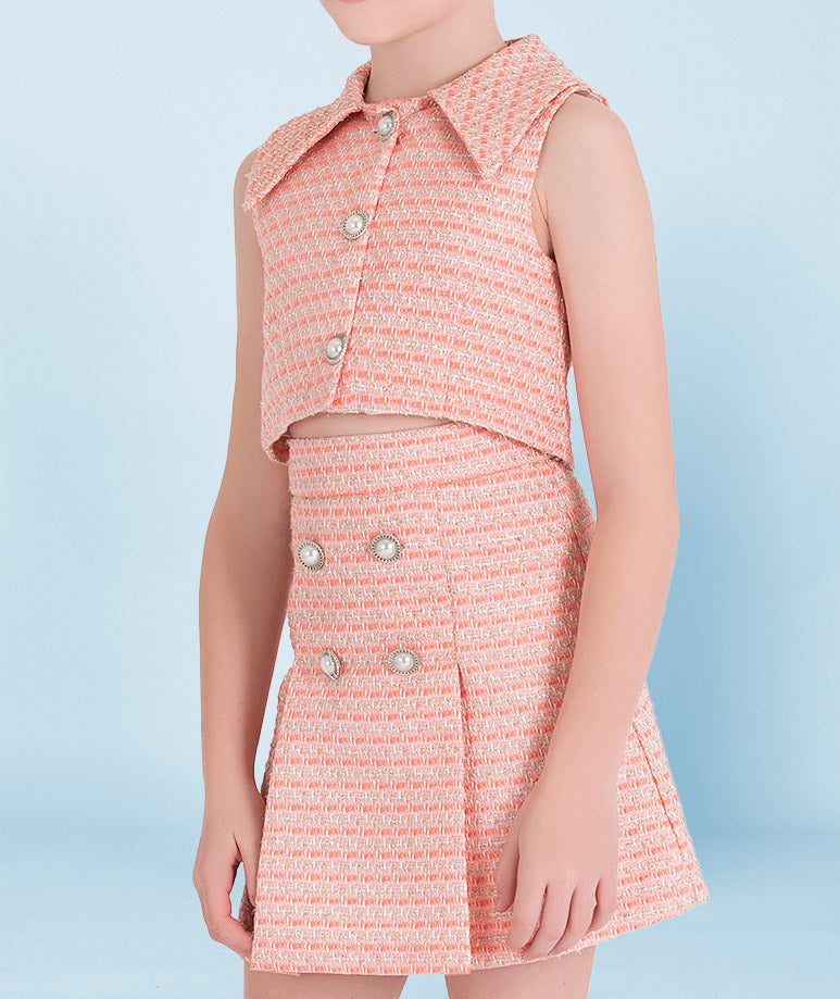 Girls' sleeveless tweed blouse with pearl buttons