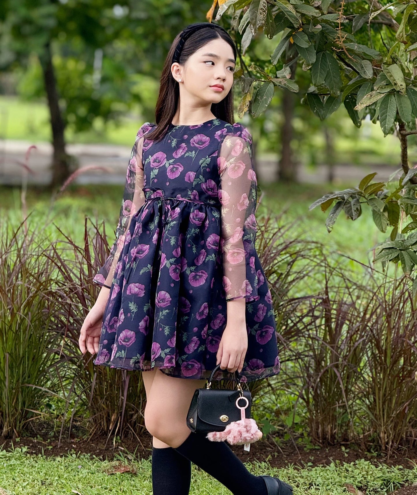navy floral dress with purple flower prints