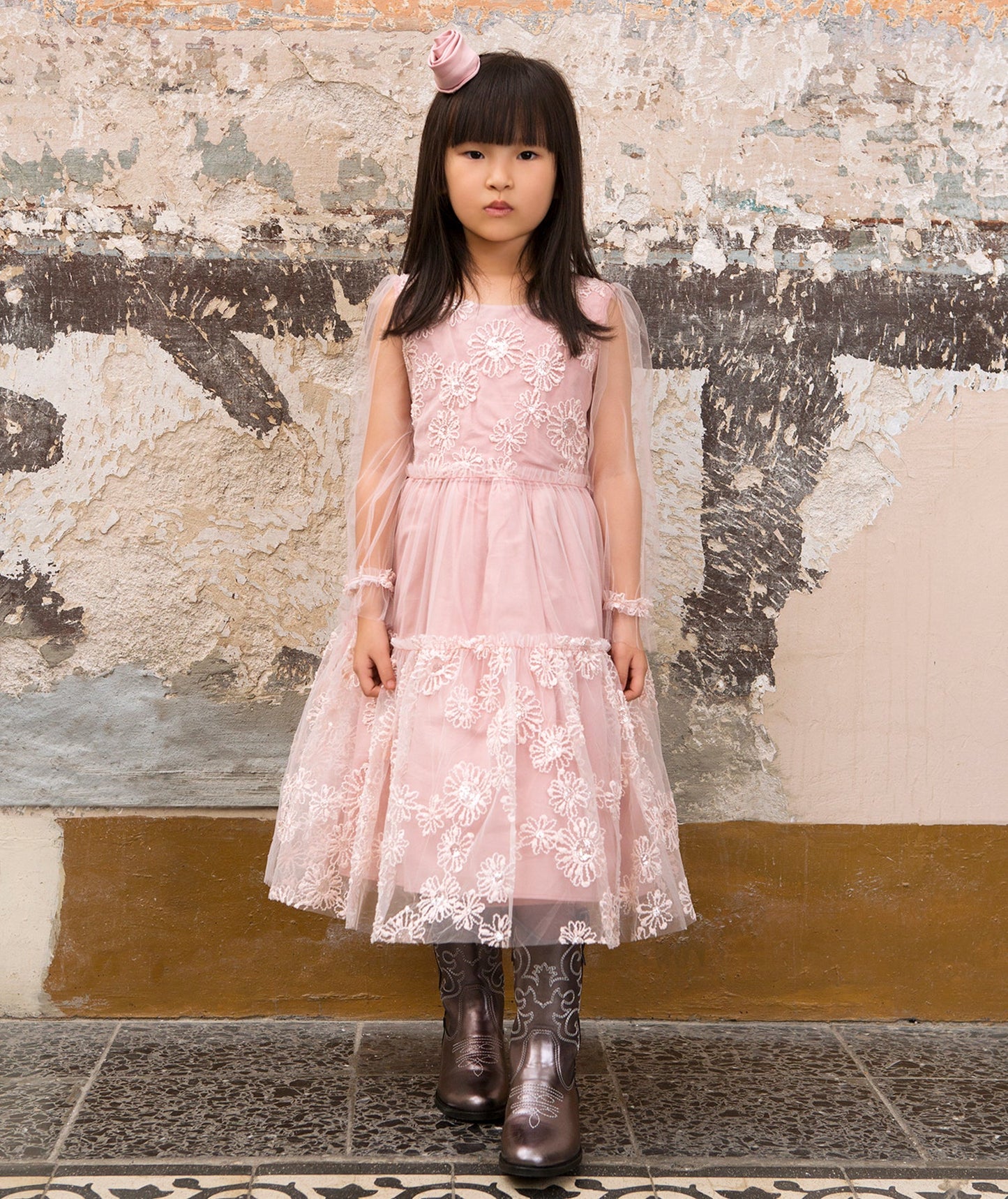 long pink dress with floral embroidery