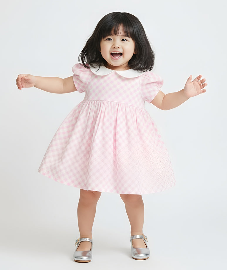 Pembe Ekose Pamuklu Bebek Elbisesi