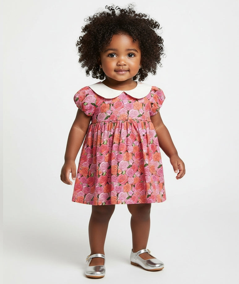 Pembe Gül Desenli Pamuklu Bebek Elbisesi