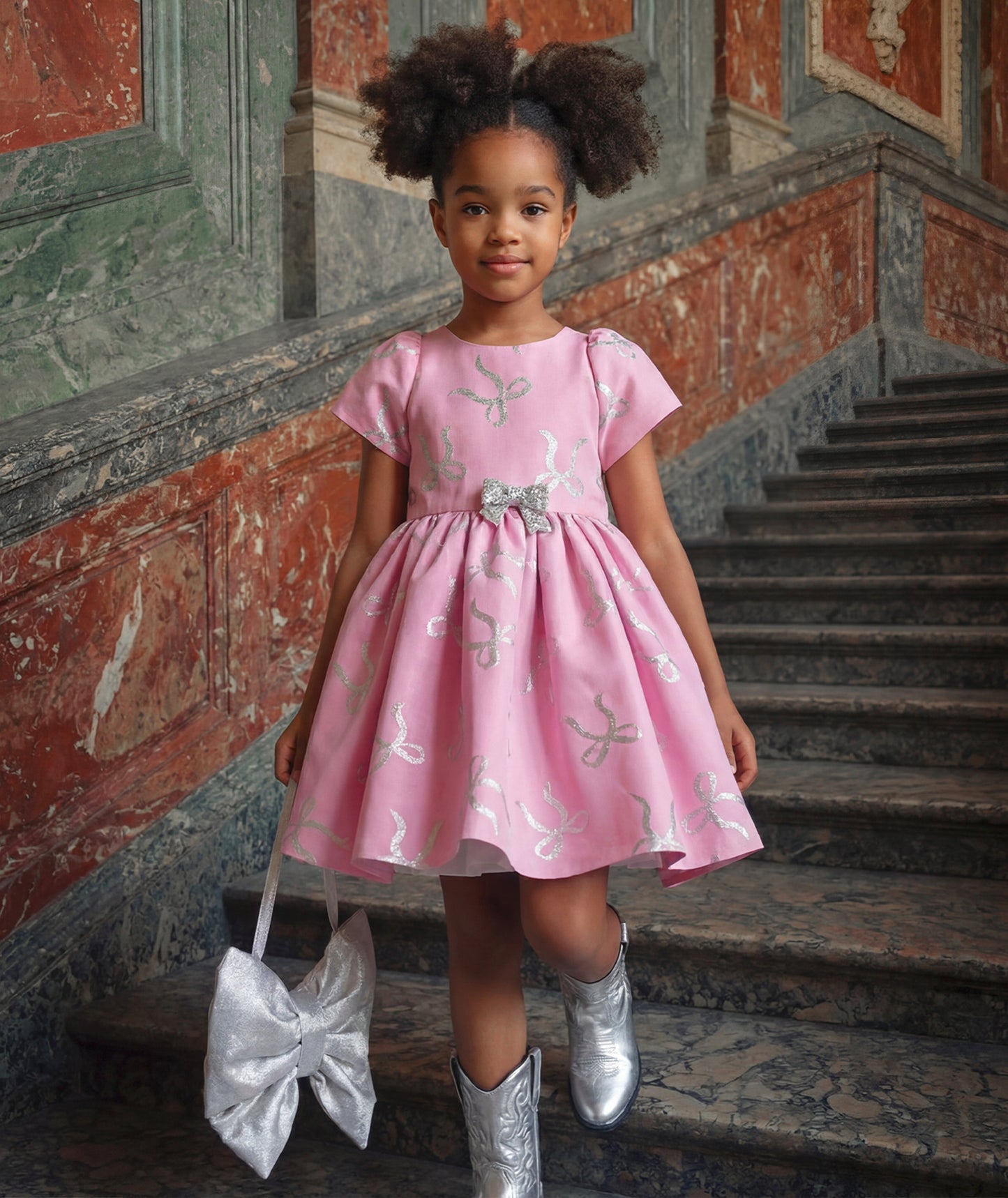 Pembe Işıltılı Fiyonklu Kız Çocuk Elbisesi