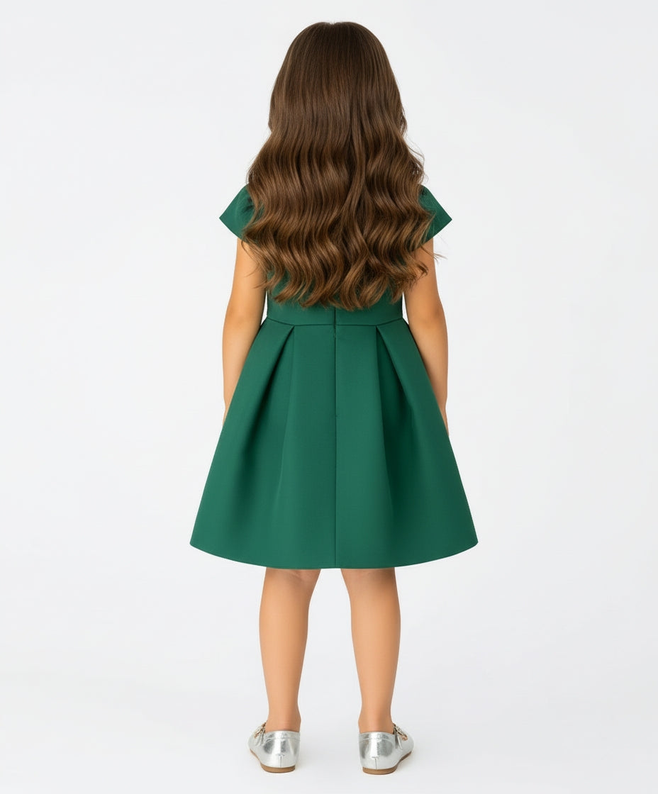 Fiyonklu Pileli Yeşil Elbise