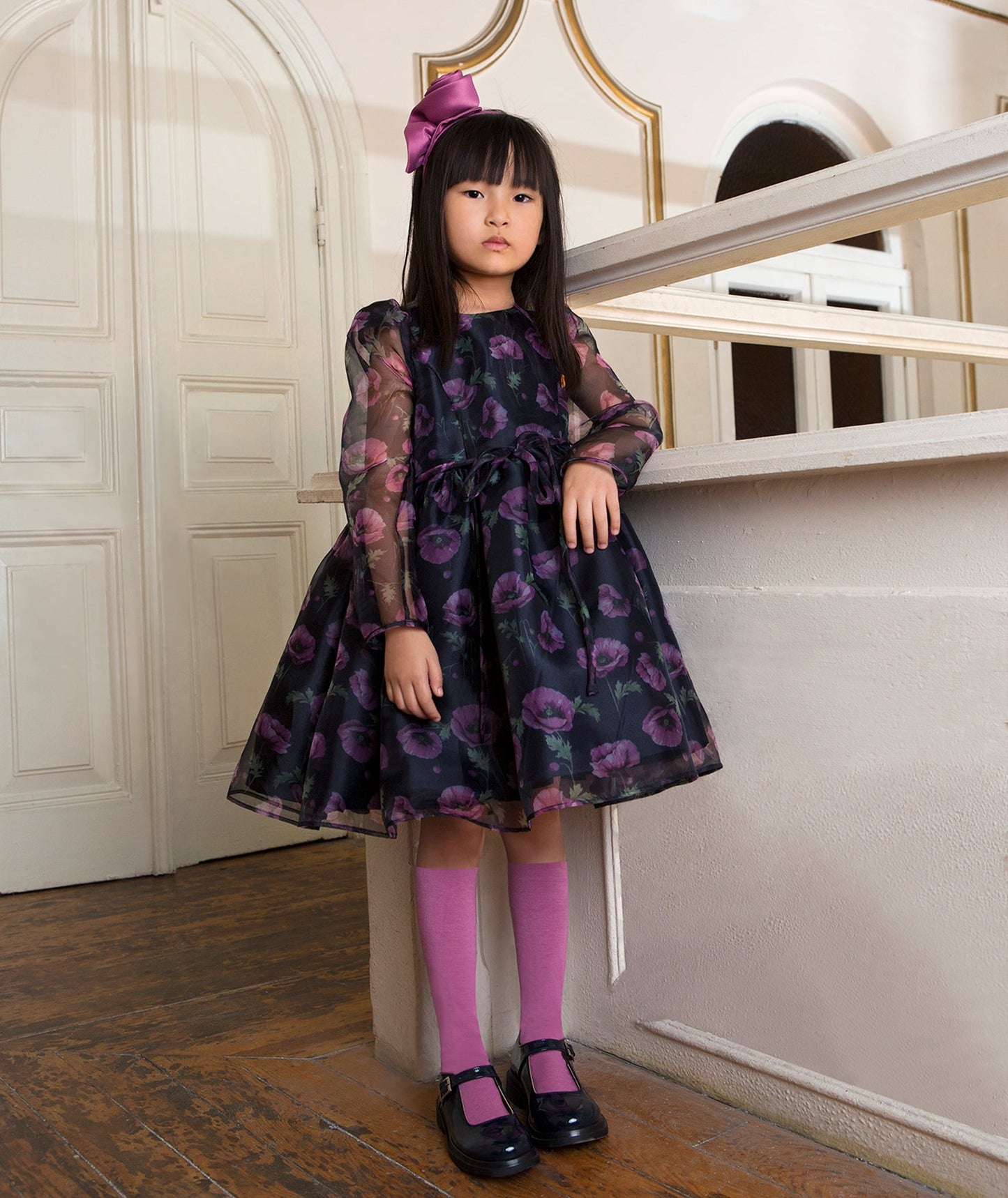 navy organza dress with purple flower prints