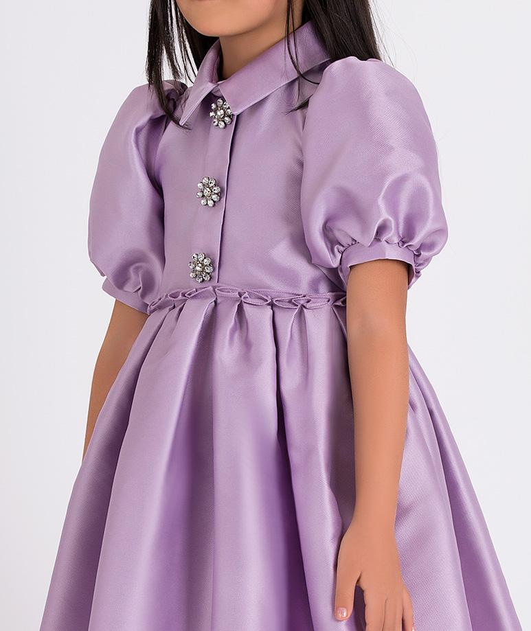 lila balon kollu parlak düğmeli elbise