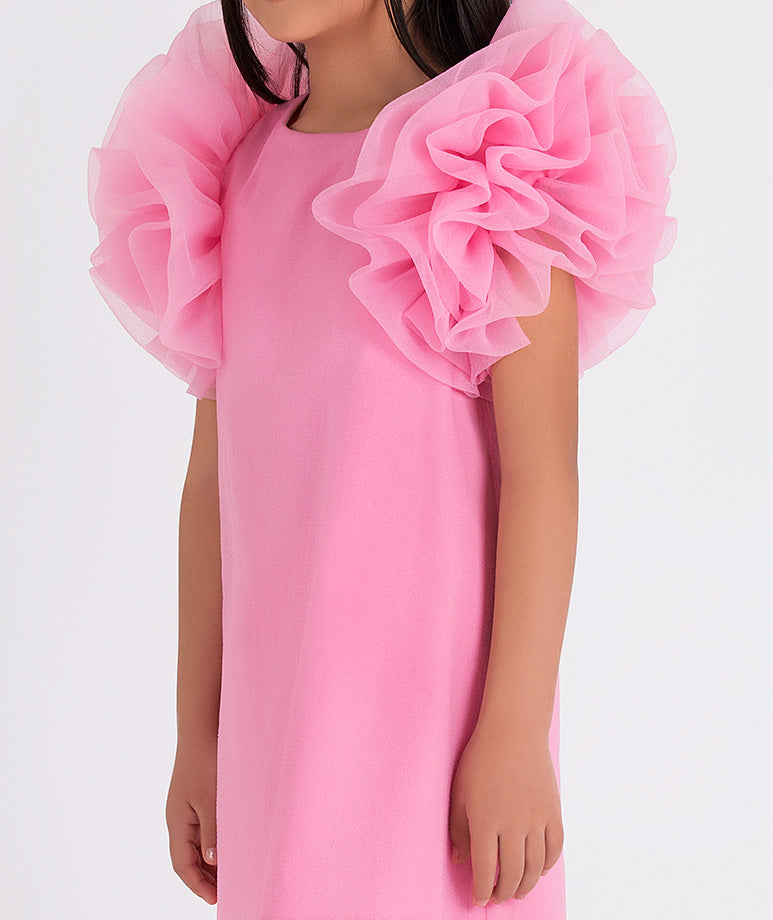 pink dress with big ruffled sleeves