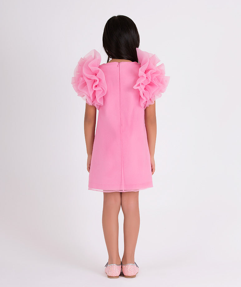 bubblegum pink dress with big ruffled sleeves