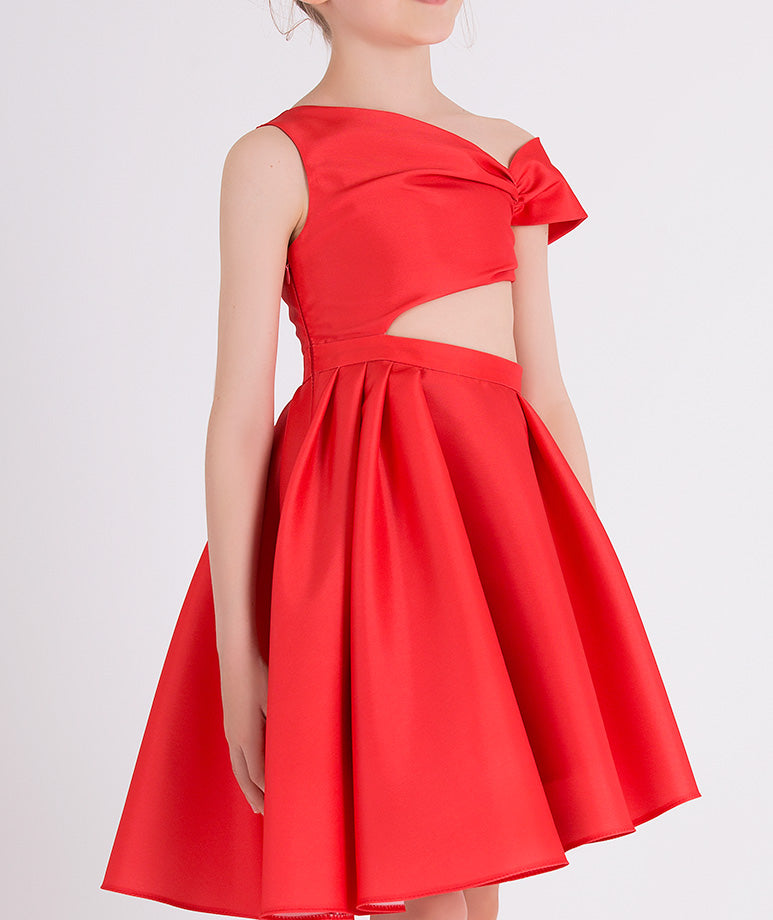 red one shoulder dress with an asymmetrical skirt and an open cut on front