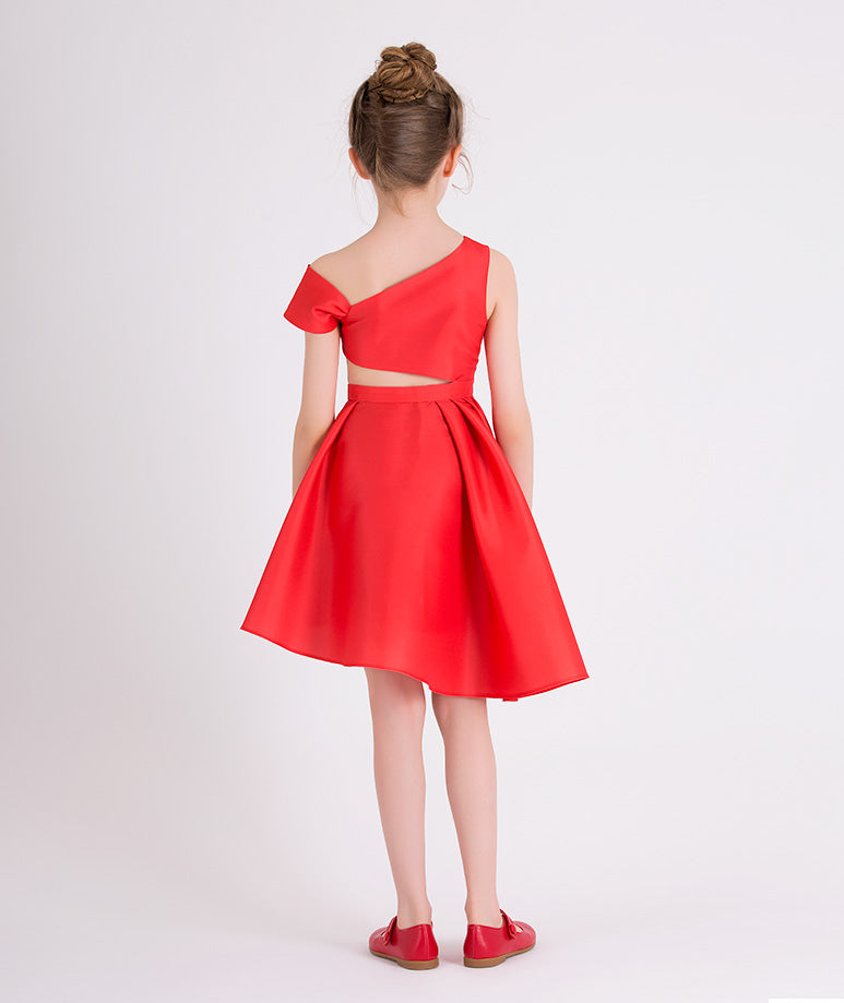 red one-shoulder dress with an asymmetrical skirt