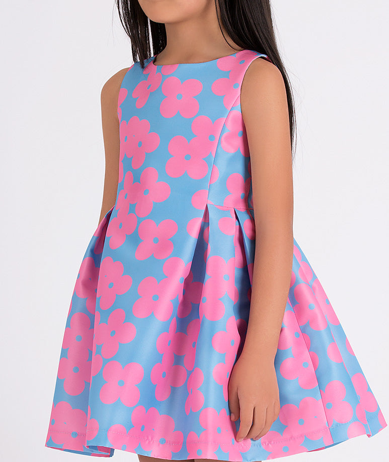 blue dress with pink flower prints