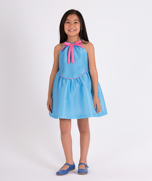blue summer dress with a pink little bow on the front