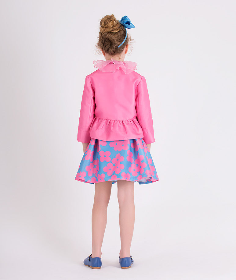 pink jacket and blue skirt with pink flower prints