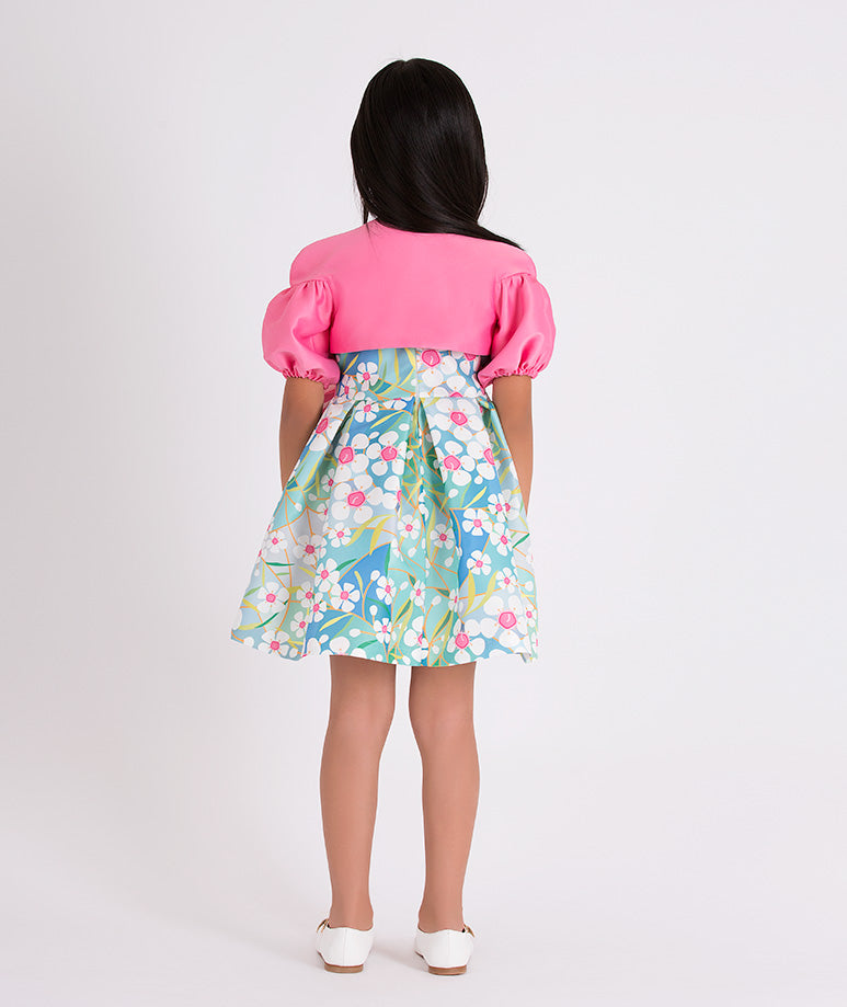 pink balloon sleeved bolero and blue floral dress