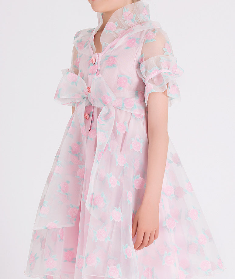 pink peony printed dress with a bow on the waist