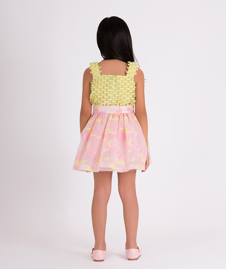 yellow blouse and pink floral organza skirt
