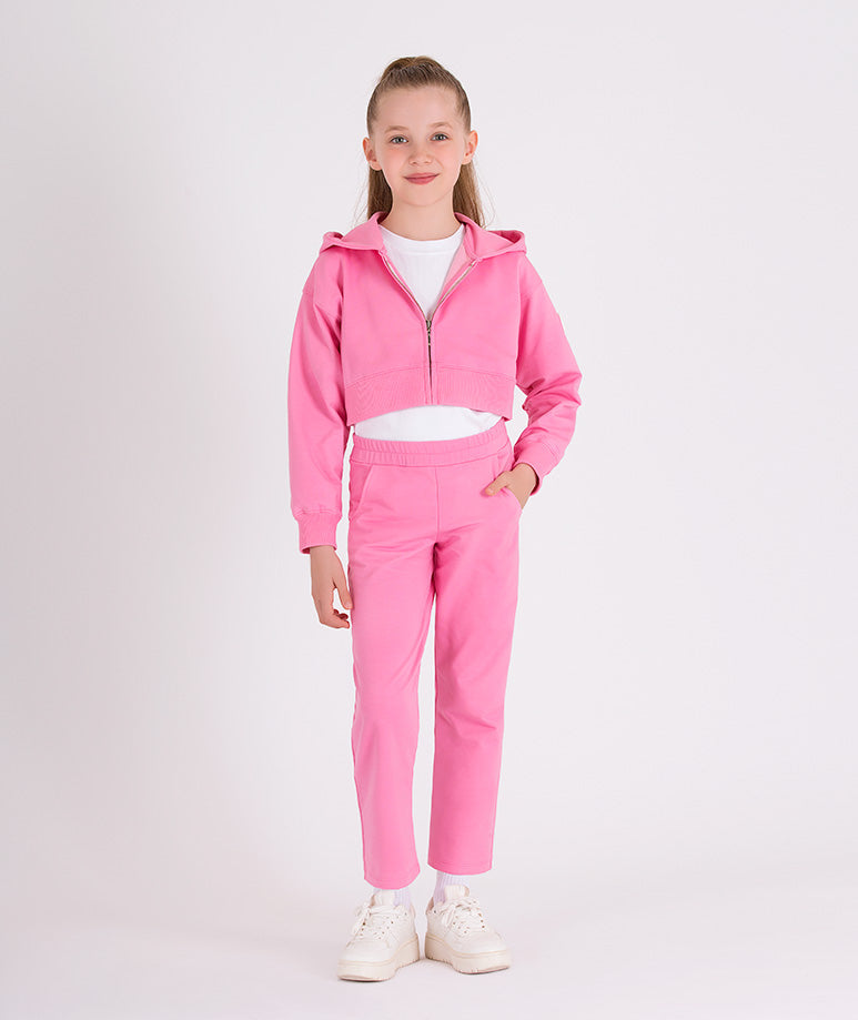 pink tracksuit with a hoodie and matching sweatpants