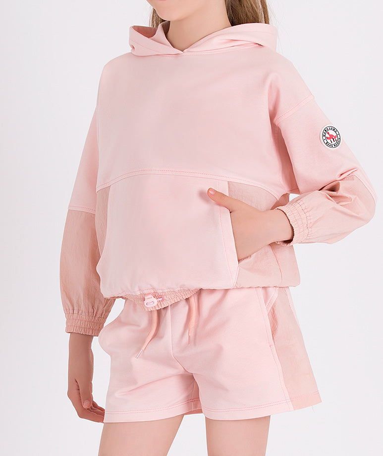pink hoodie and shorts