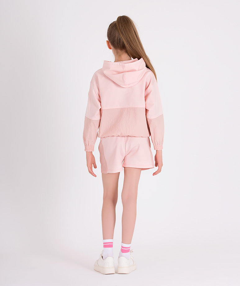 pink parachute hoodie and matching shorts
