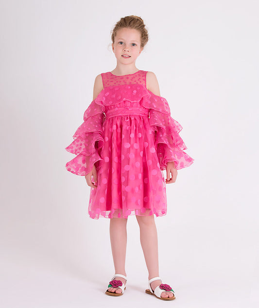 pink dress with ruffled sleeves and polka dots 