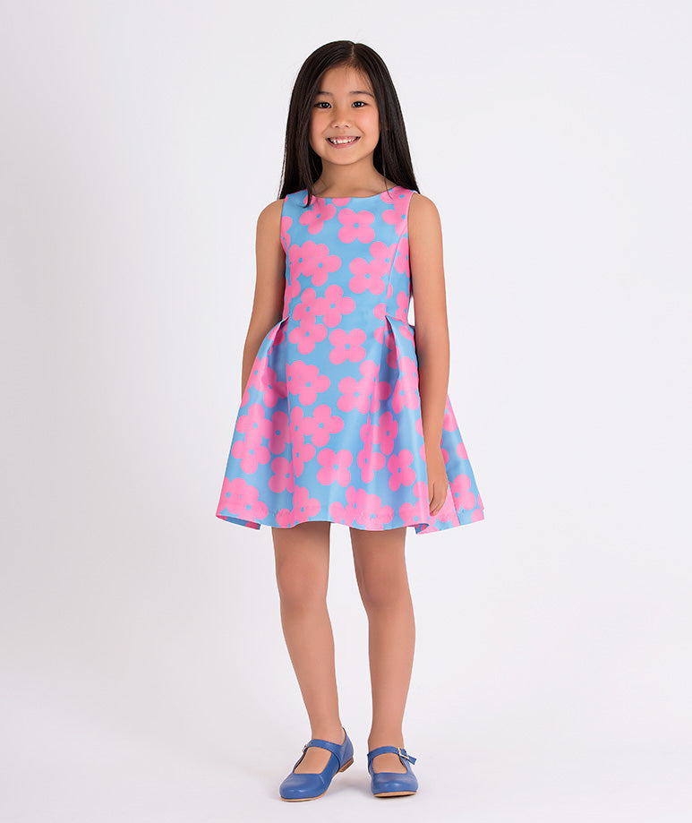 blue dress with pink flower prints