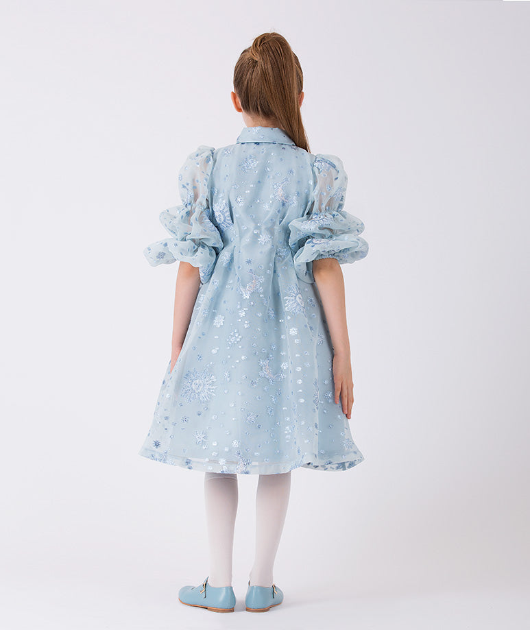 buz mavisi, şık kol detaylı prenses elbisesi