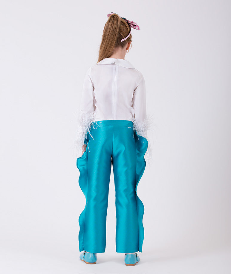 Tüylü Bluz Fırfırlı Pantolon Kombini | 2 Parça