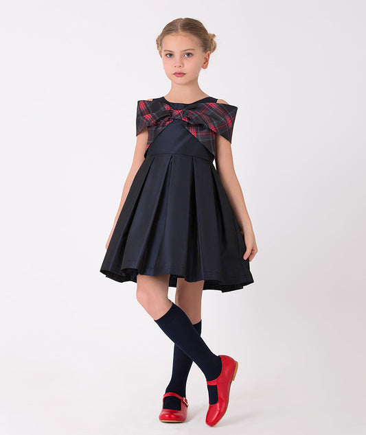 Lacivert Ekoseli Fiyonklu Elbise