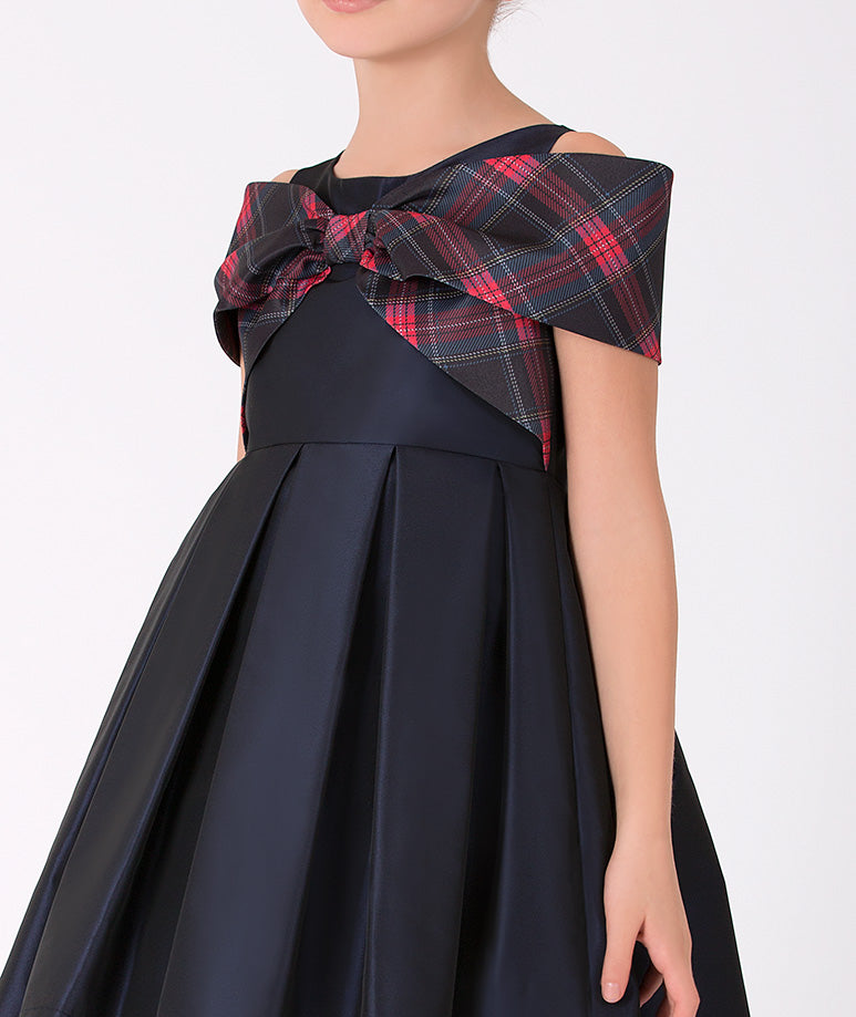 Lacivert Ekoseli Fiyonklu Elbise