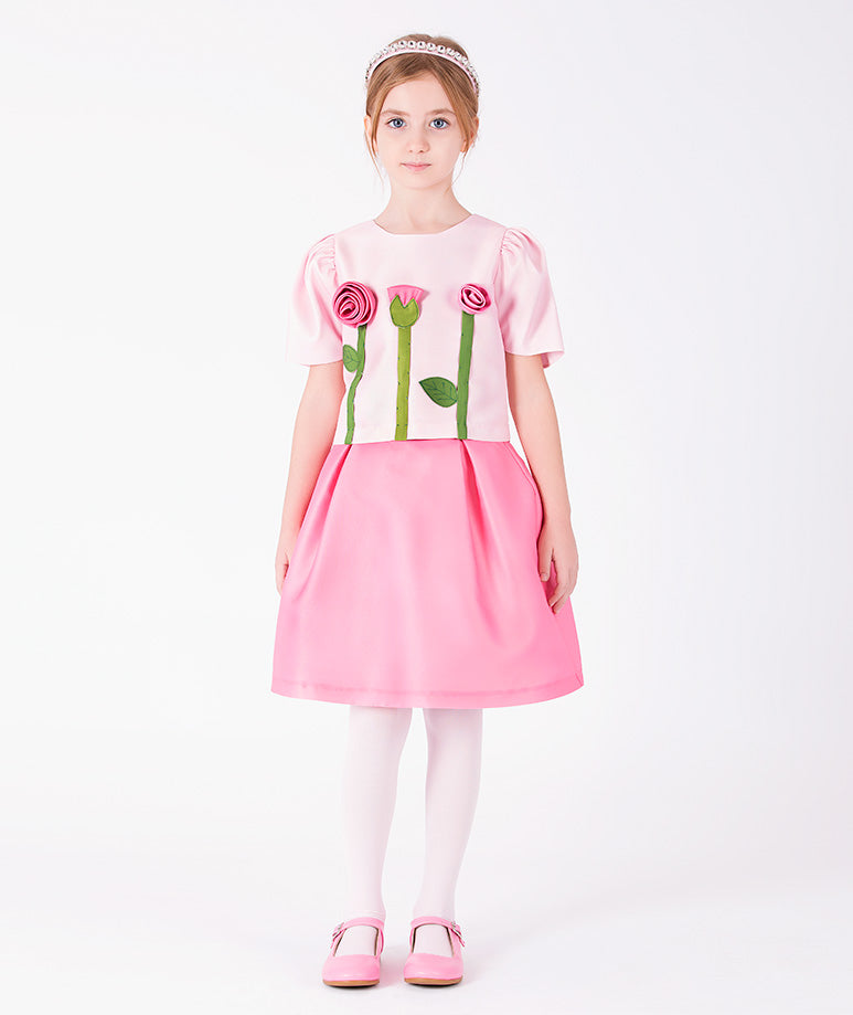 3D Gül Aplikeli Pembe Bluz