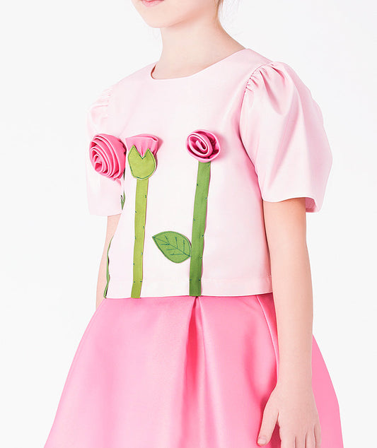 3D Gül Aplikeli Pembe Bluz