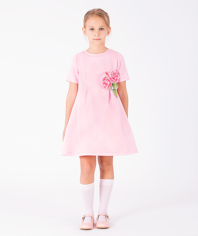 Gül Aplikeli Pembe Kız Çocuk Elbise