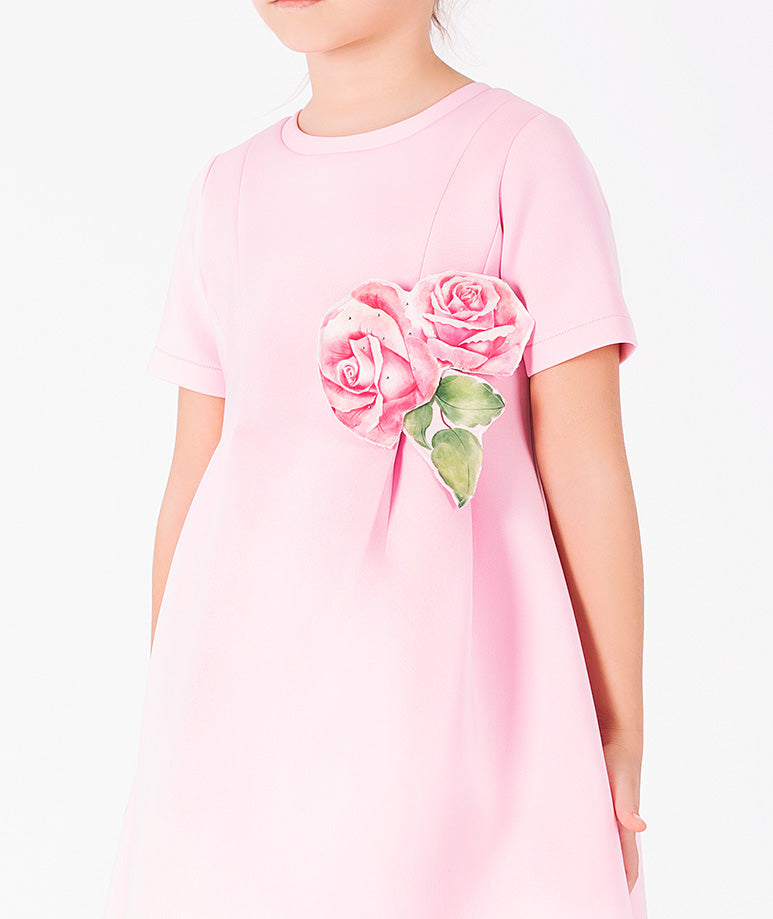 Gül Aplikeli Pembe Kız Çocuk Elbise