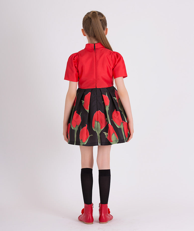 Siyah ve kırmızı, gonca gül desenli elbise