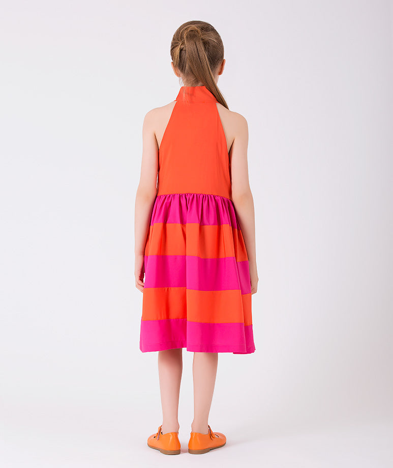 turuncu fuşya çizgili rahat yazlık elbise