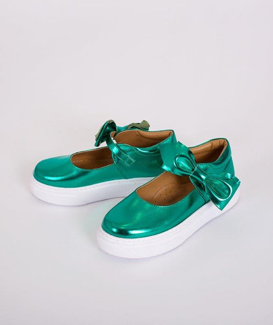 Metalik Yeşil Fiyonklu Çocuk Ayakkabısı