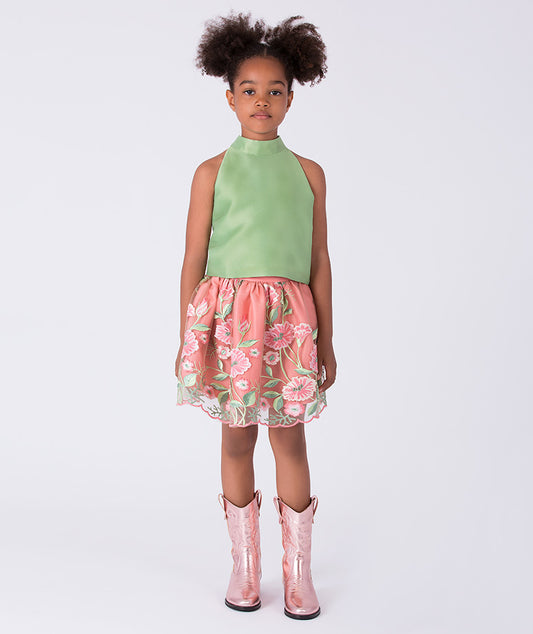 Çiçek Nakışlı Etek Yeşil Bluz Kız Çocuk Kombini | 2 Parça