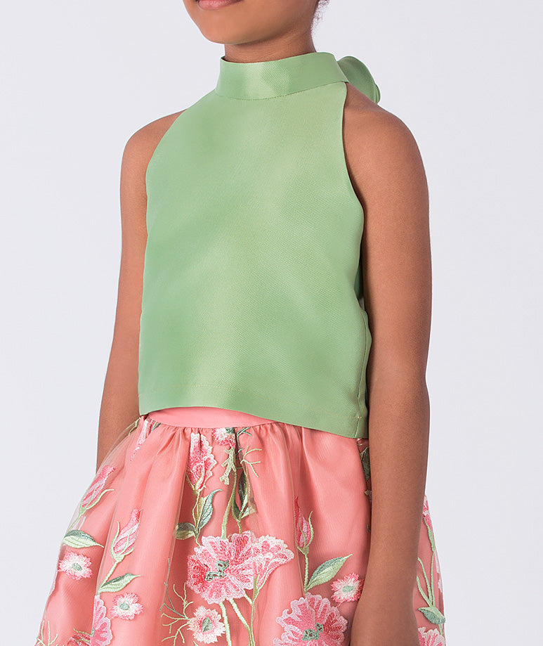 Çiçek Nakışlı Etek Yeşil Bluz Kız Çocuk Kombini | 2 Parça