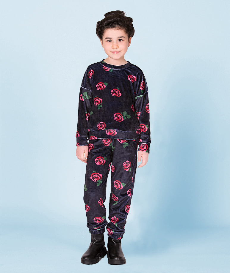 Gül Desenli Lacivert Sweatshirt | 7-8 Yaş